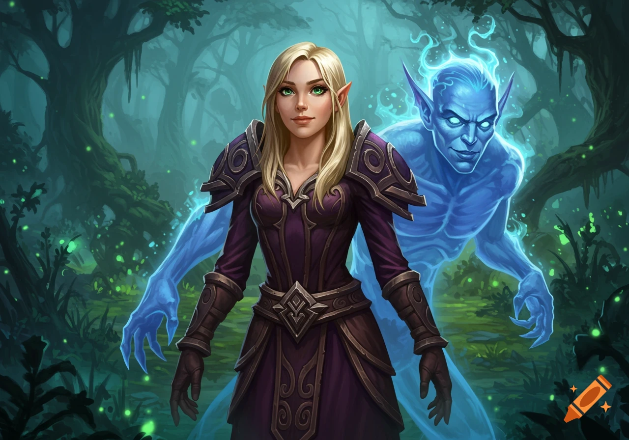 A blonde female elf in purple robes stands with a blue ghostly figure in a misty forest, in a fantasy art style.