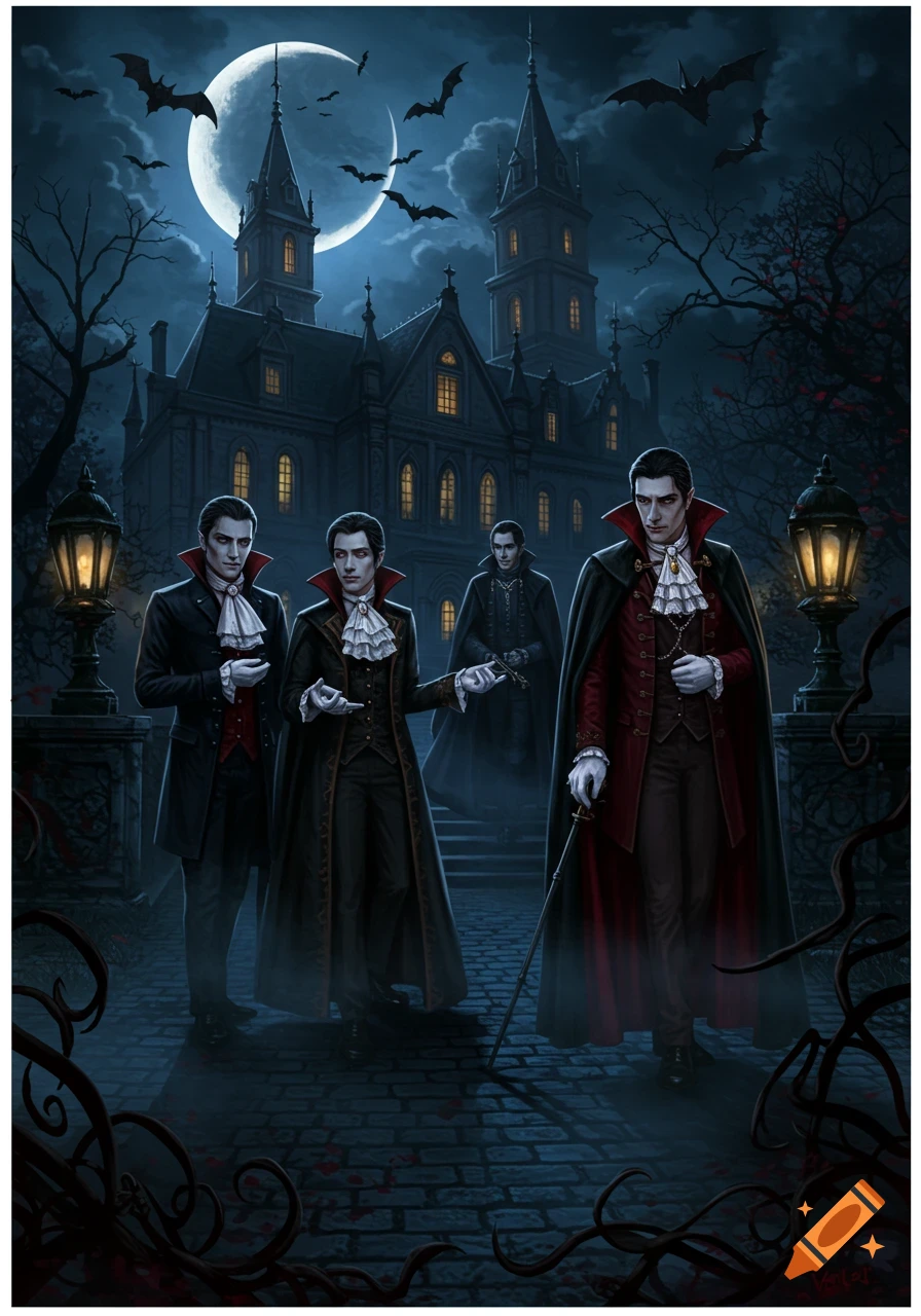 Illustrated dark fantasy image of male vampires in front of a gothic castle at night with bats and a full moon.