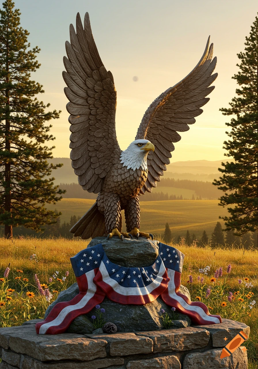 Carved bald eagle statue with spread wings on a stone base, draped with an American flag banner, in a golden field at sunset.