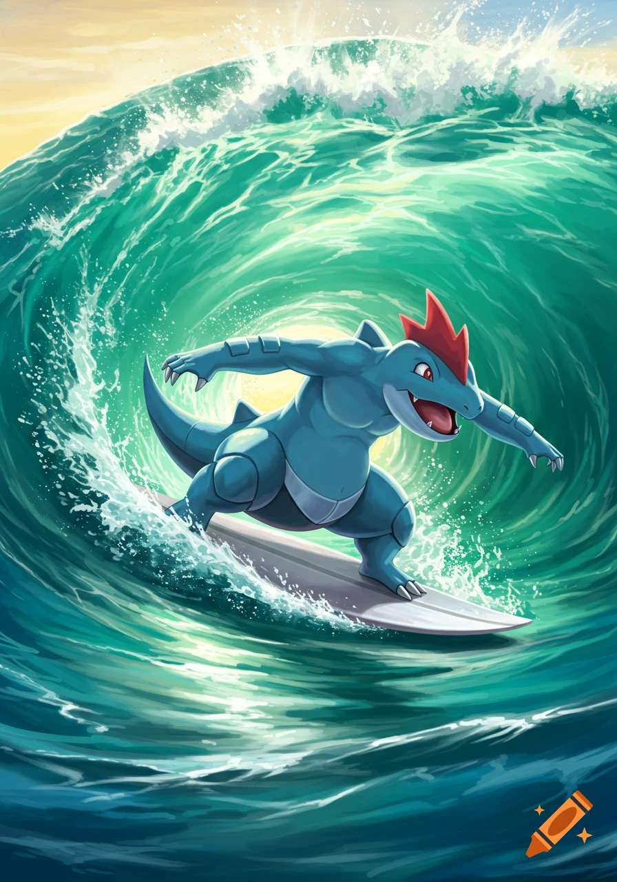 A vibrant illustration of the blue Pokemon Feraligatr surfing a large, curling ocean wave on a silver surfboard.