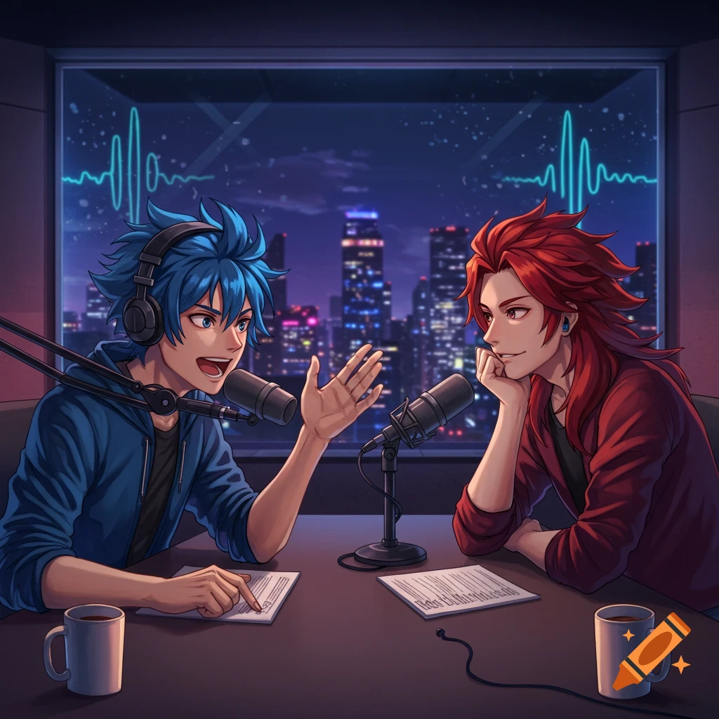 Two anime guys with blue and red hair hosting a podcast in a city studio at night.