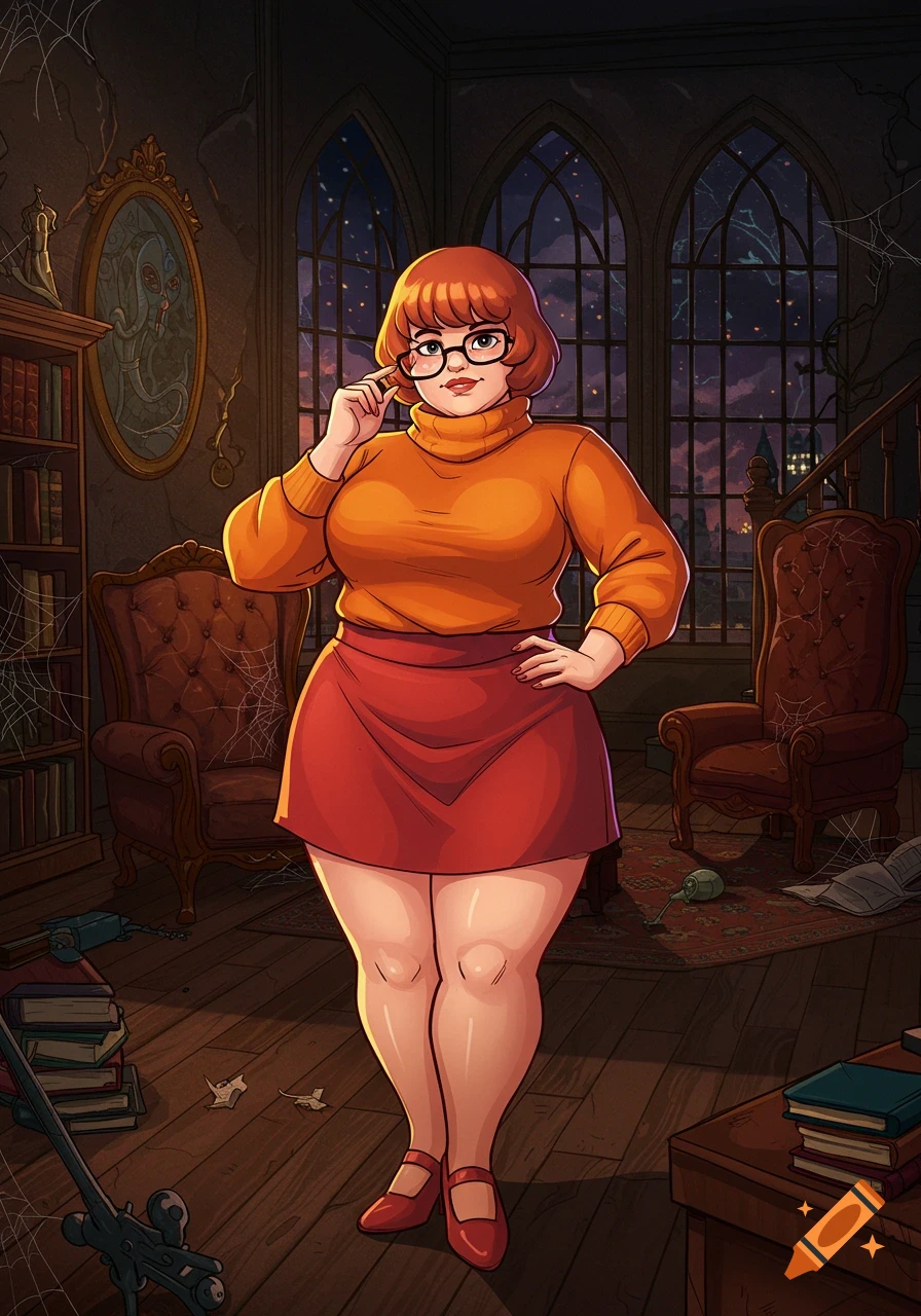 A plus-size Velma from Scooby-Doo, wearing her orange turtleneck and red skirt, stands in a dimly lit, spooky gothic mansion.