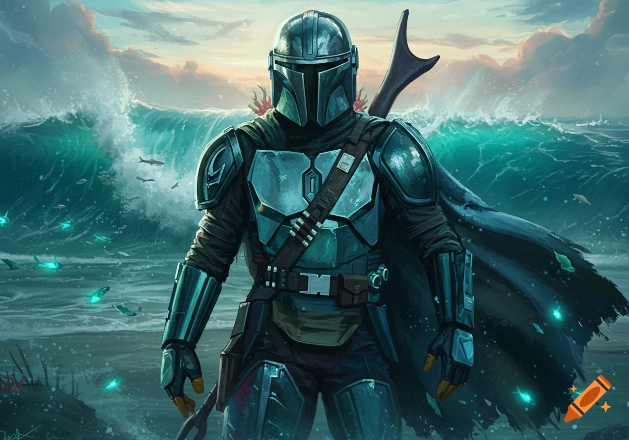 The Mandalorian stands armored on a sandy shore as large turquoise waves crash, surrounded by glowing fish in an illustrative style.