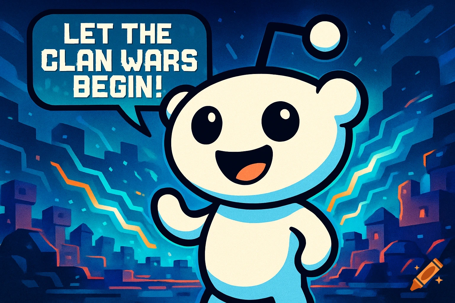 Cartoon Reddit Snoo mascot smiling, saying 'LET THE CLAN WARS BEGIN!' in a speech bubble over a futuristic blue cityscape.