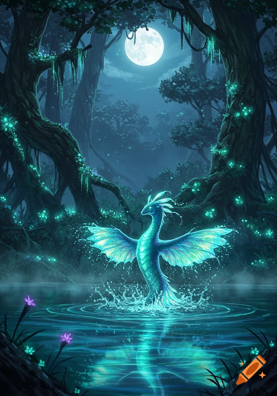 A glowing blue fantasy creature with wings emerges from a moonlit forest lake, surrounded by luminous flora.