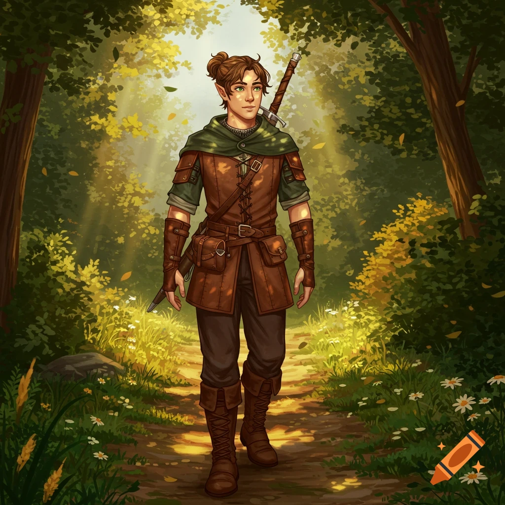 An illustrated human-like male with pointed ears and brown hair in a bun, wearing leather fantasy clothes, walks on a sunlit forest path.