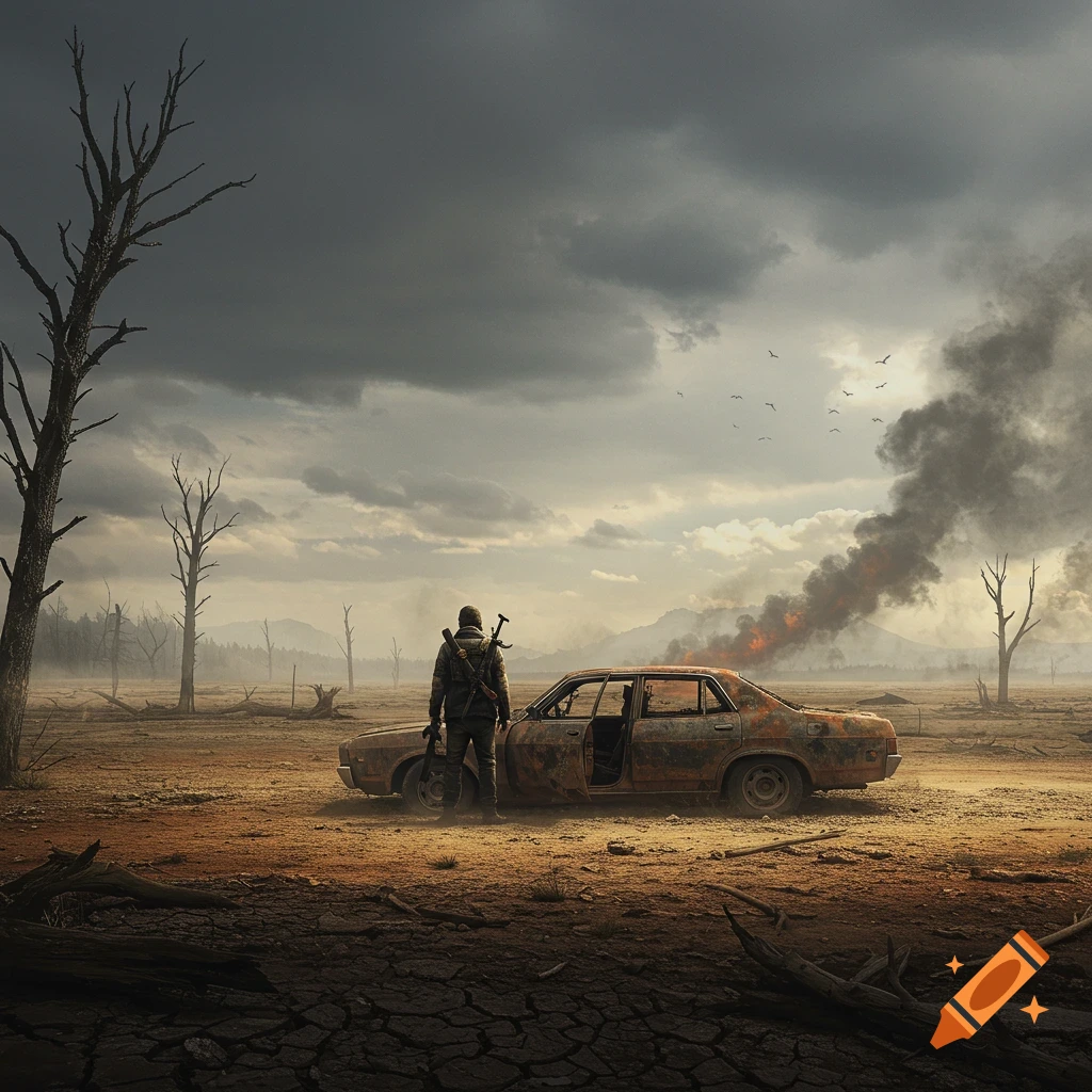 A lone survivor stands by a rusty car in a desolate post-apocalyptic wasteland under a stormy sky, with a distant fire.