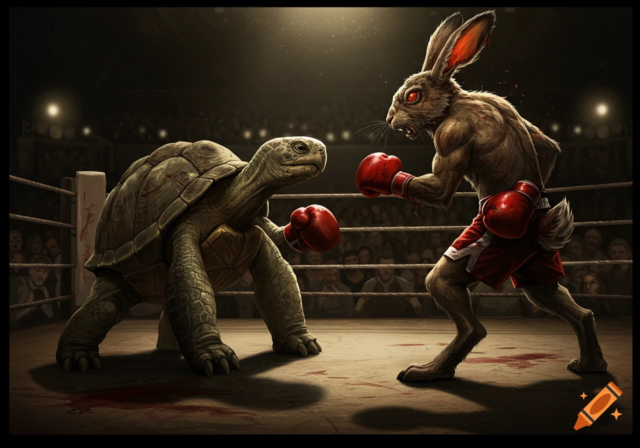A dark, intense illustration of an anthropomorphic turtle and a battle-damaged hare boxing in a ring, surrounded by spectators.