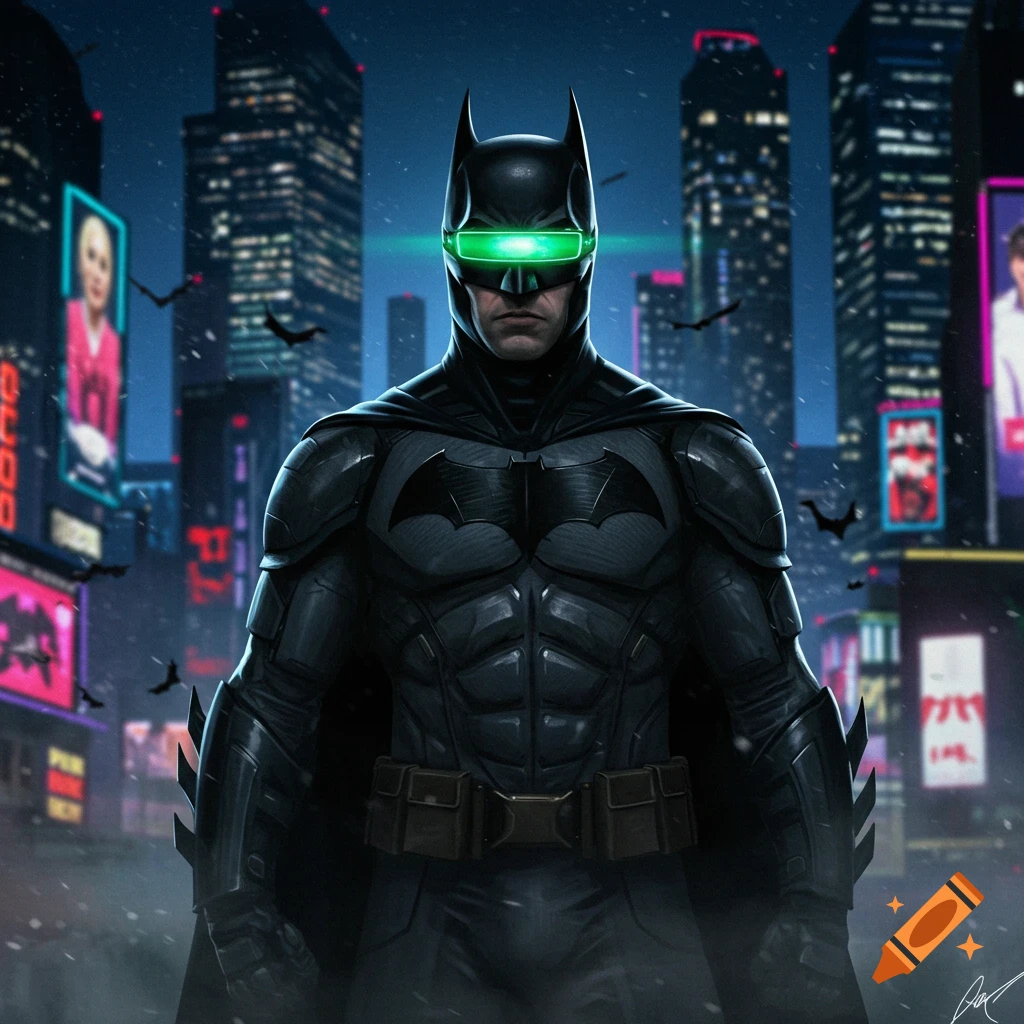 Batman in a dark, armored suit with a glowing green visor stands in a rainy, futuristic cityscape at night.
