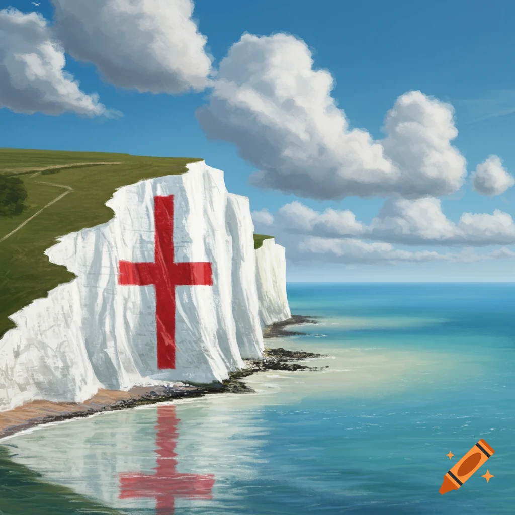 Painterly view of the White Cliffs of Dover with a large red St George's cross, reflecting in the blue sea under a cloudy sky.