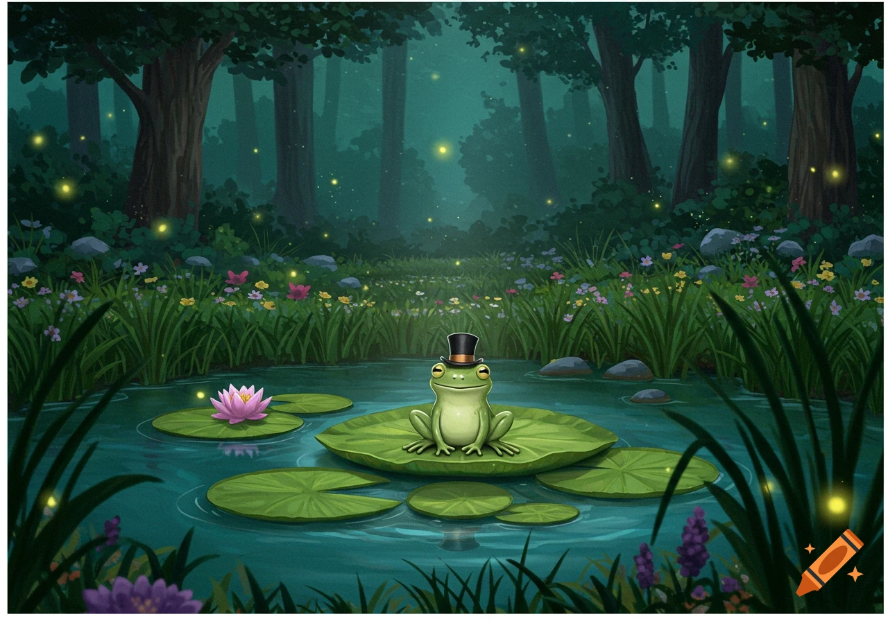 A whimsical illustration of a frog wearing a top hat, sitting on a lily pad in a magical forest pond with fireflies.