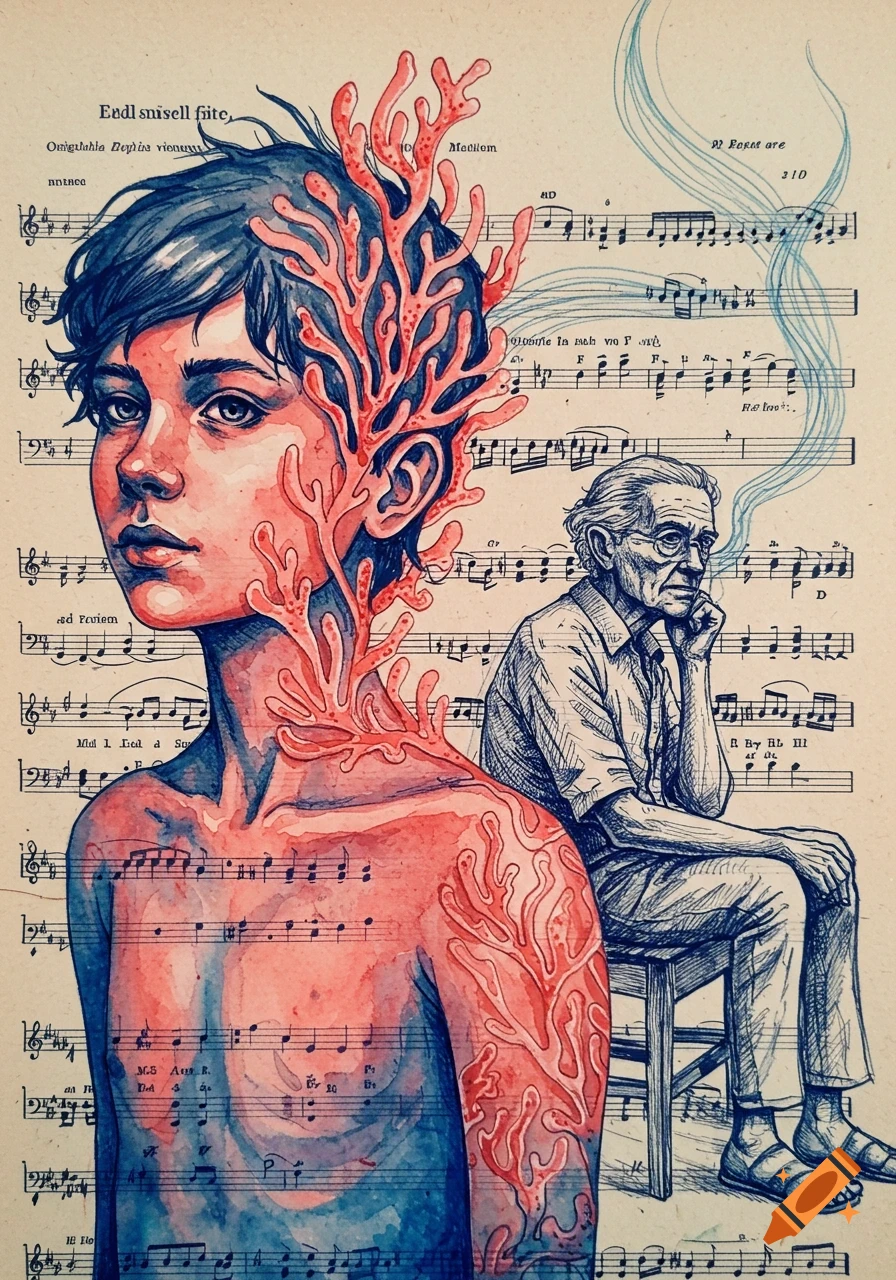 Watercolor and pen sketch of a young person with coral growing from their head and body, alongside an older man, both over a music sheet background.