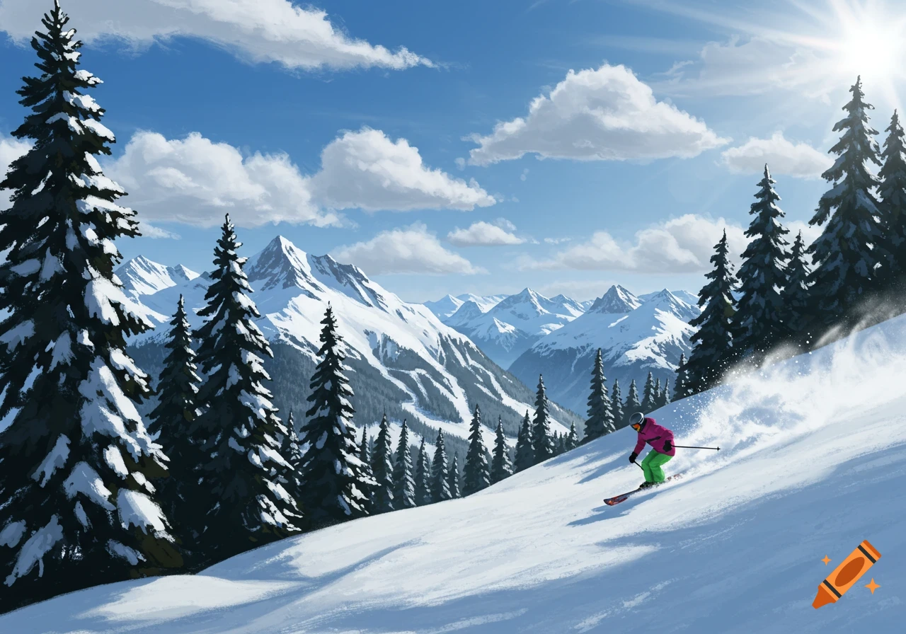 A skier in a pink jacket descends a snowy mountain slope, surrounded by pine trees and snow-capped peaks under a blue sky.