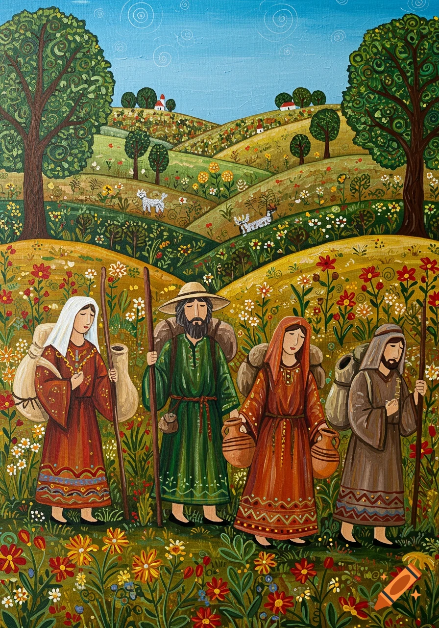 Folk art painting of four pilgrims in traditional attire walking through a vibrant, flower-filled hilly landscape.