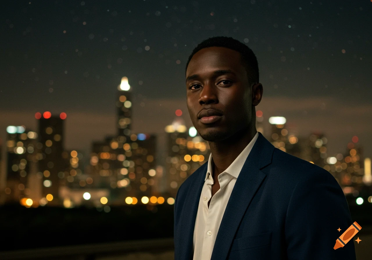 A serious-looking Black man in a suit stands in front of a blurry city skyline at night.