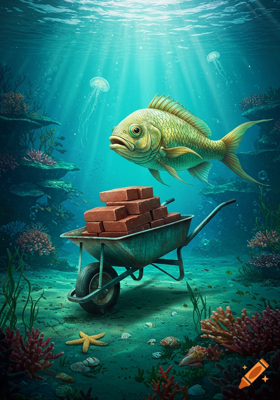 A large green fish hovers over a wheelbarrow filled with bricks on the ocean floor, surrounded by vibrant coral, jellyfish, and starfish.