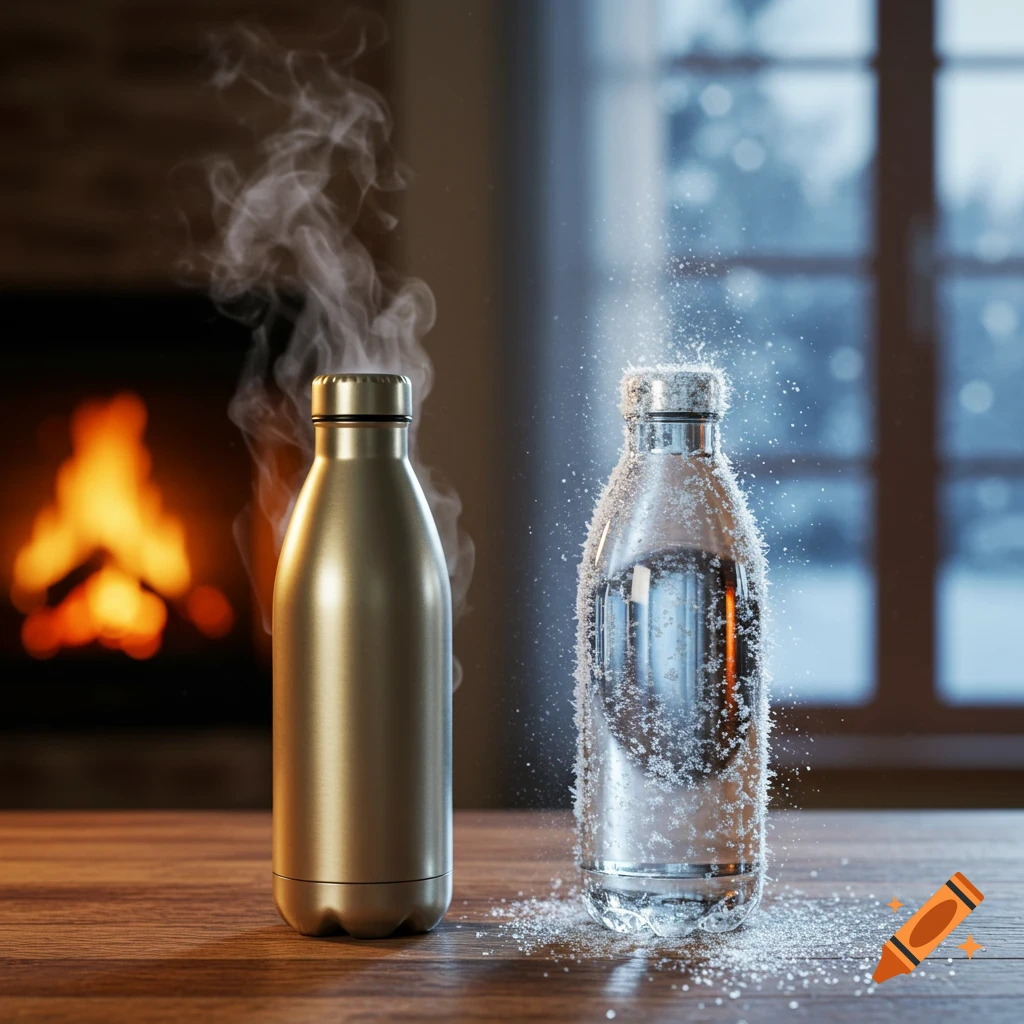 A steaming hot metallic bottle next to a frosted cold glass bottle on a wooden table, with a fireplace and snowy window.