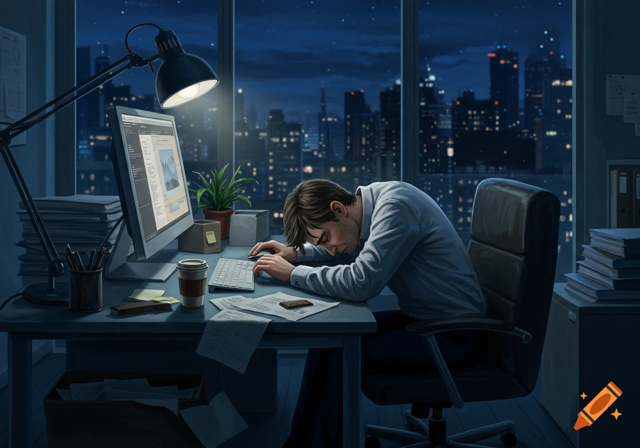 A man in an office, head down on his desk, asleep or passed out in front of a computer screen, with a city skyline visible at night through a large window. A desk lamp illuminates the scene.