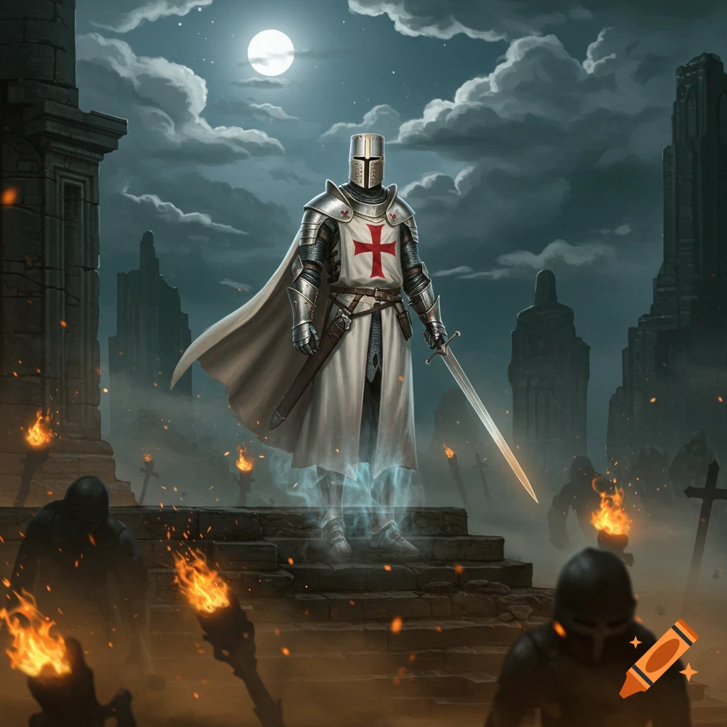 Ghostly knight Templar with a sword stands on steps in ruins under a full moon, surrounded by torches and shadowy figures.