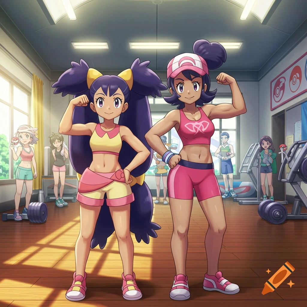 Two anime-style women, one with long purple hair, the other with a hat, flex their biceps in a gym with other people and equipment in the background.