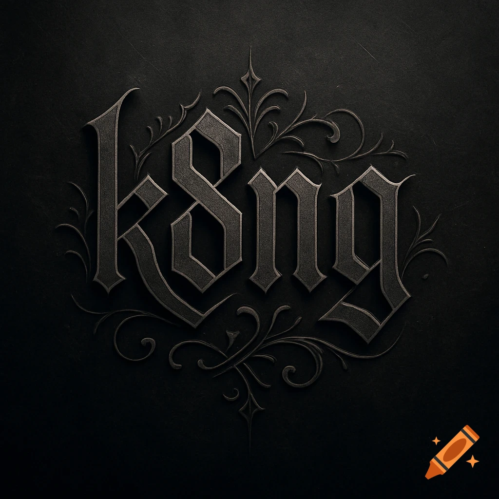 Stylized gothic lettering for "k8ng" on a dark, textured background with ornate flourishes.