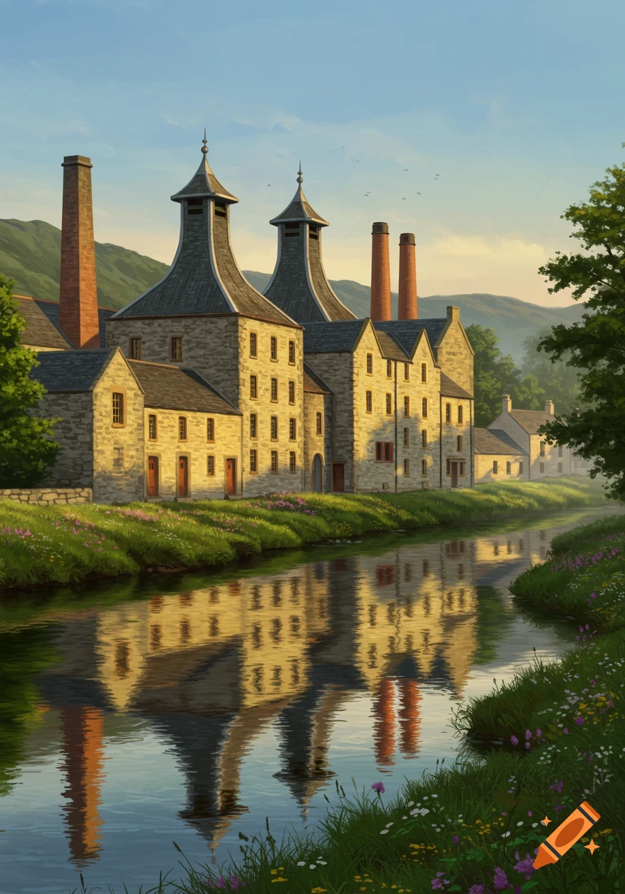 An illustration of a stone Scotch whisky distillery with multiple chimneys, reflected in a river, under a clear sky.