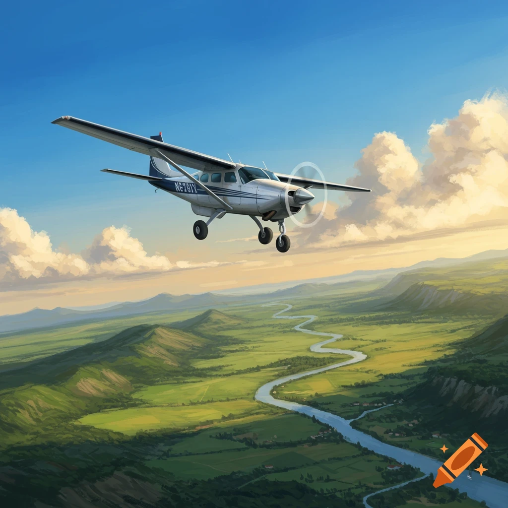 A small propeller airplane flying over a winding river through green valleys and mountains under a blue sky.