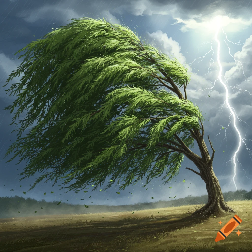 A vibrant green willow tree is bent by strong winds and rain under a dark, stormy sky with a bright lightning bolt.
