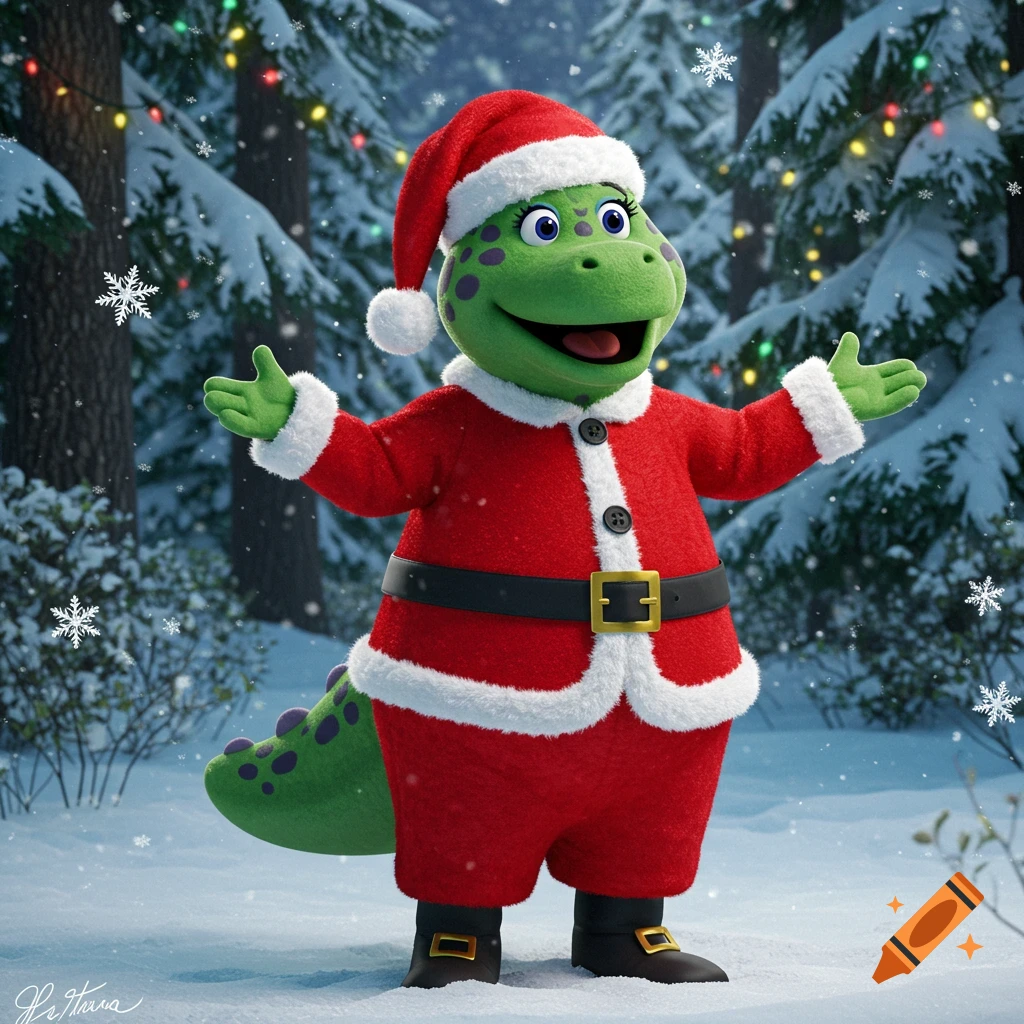 A cheerful green cartoon dinosaur in a Santa suit stands smiling with outstretched arms in a snowy forest with Christmas lights and snowflakes.