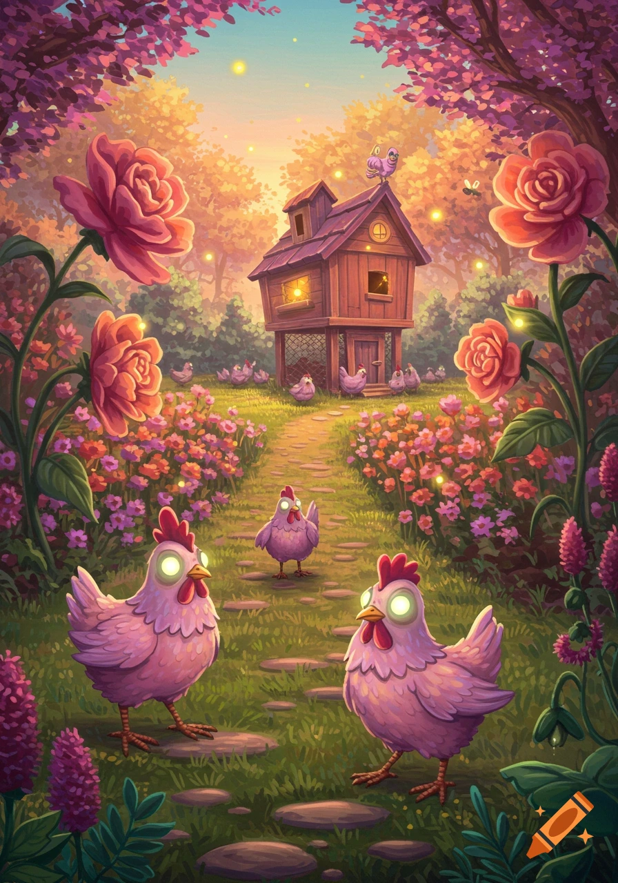 Cartoon pink chickens with glowing eyes on a path through a whimsical, vibrant garden with a coop, in an illustration style.