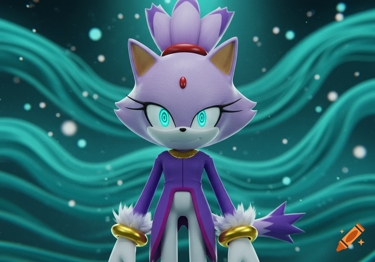 A 3D rendered image of Blaze the Cat with hypnotized cyan spiral eyes and a smug smirk, against a swirling teal background.