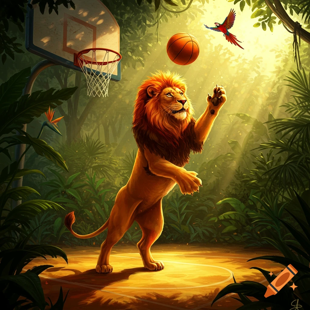 Vibrant illustration of a majestic lion playing basketball in a sunlit jungle, with a parrot flying overhead.
