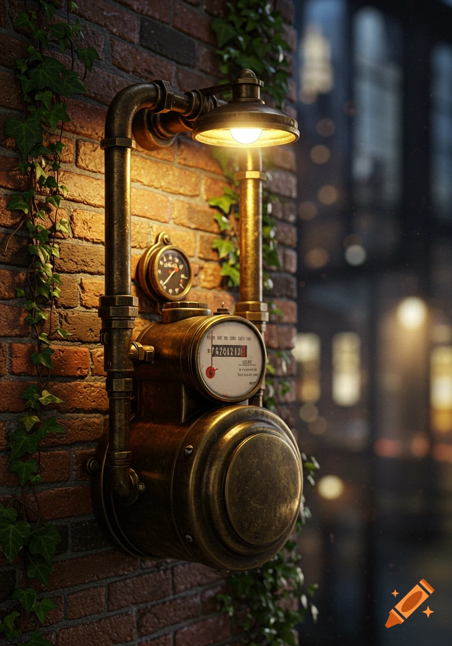 A glowing steampunk meter with pipes and dials attached to an ivy-covered brick wall, with a blurred city background.