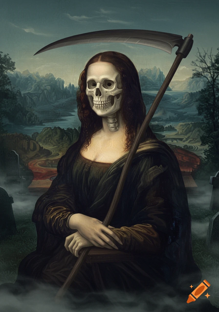A macabre Mona Lisa with a skeleton face, long dark hair, and rib cage visible, holding a scythe in a misty graveyard landscape.