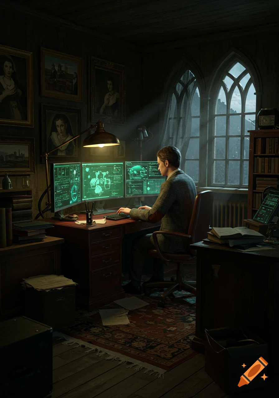 A man in a tweed jacket sits at a desk in a dark, gothic-style office, working on three glowing green computer screens displaying complex data. Stained glass windows and old paintings adorn the walls.