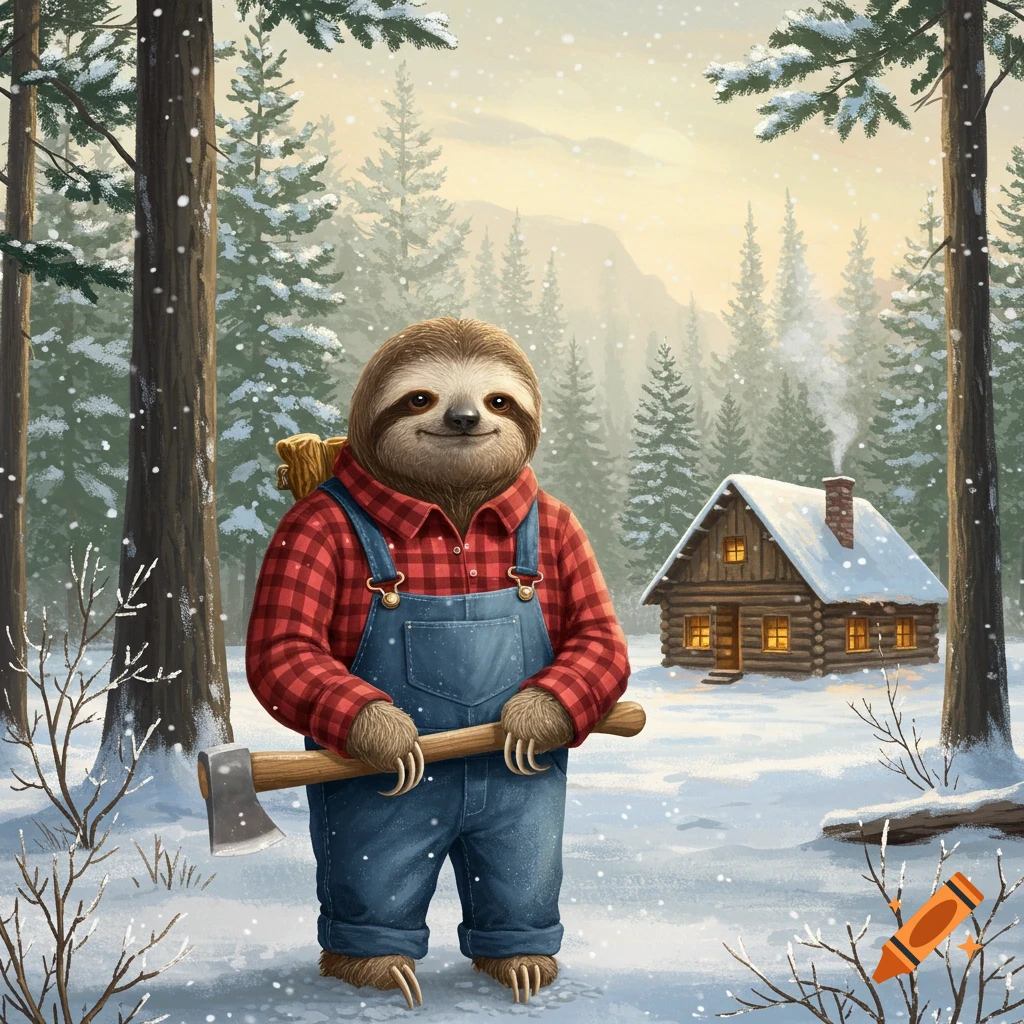 An anthropomorphic sloth dressed as a lumberjack stands in a snowy pine forest, holding an axe, with a log cabin in the background.