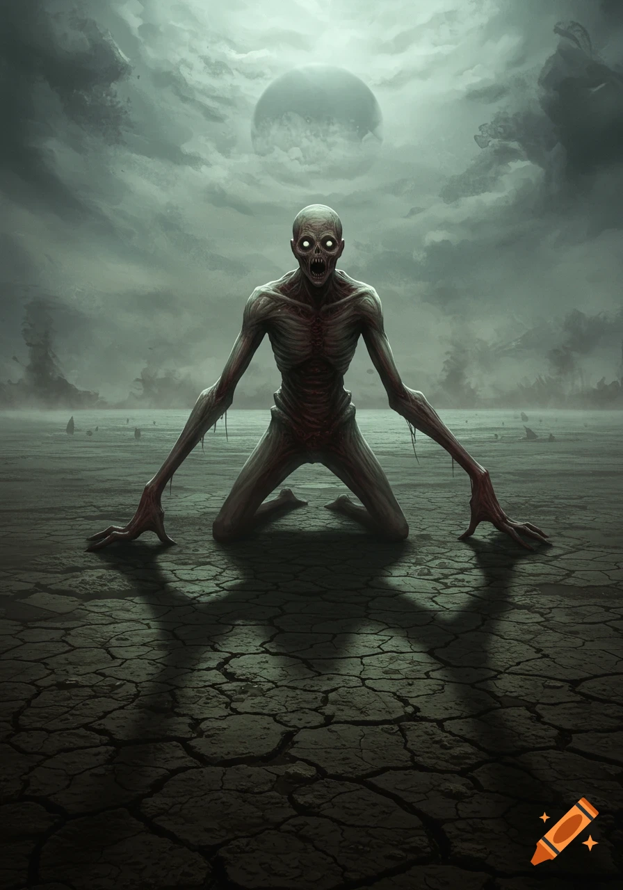 A skeletal, emaciated monster with glowing eyes kneels on cracked earth under a stormy sky and pale moon.