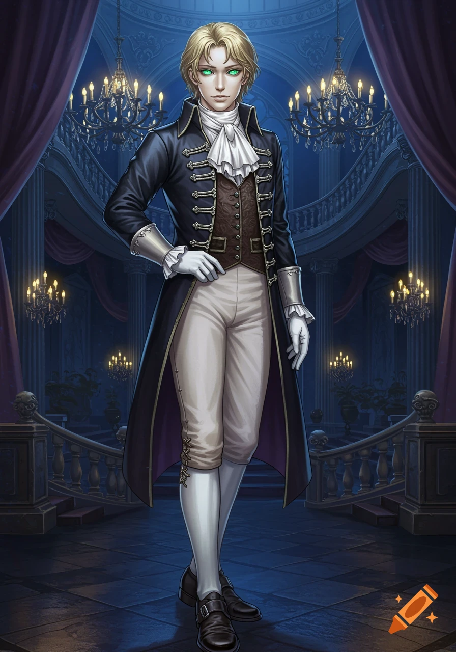 A dashing young man with luminescent green eyes and short golden hair, wearing a black Victorian frock coat and white knee-breeches, stands in an ornate gothic ballroom.