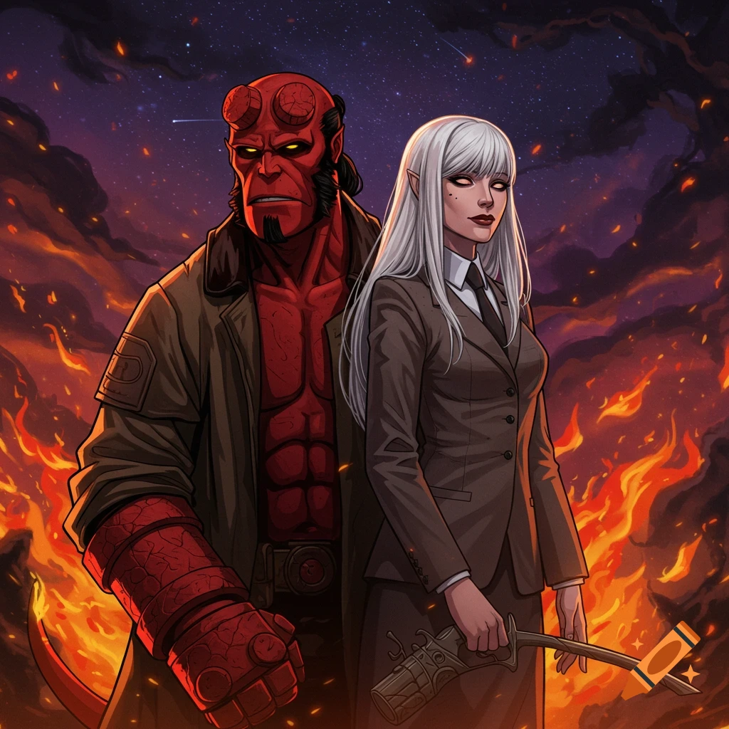 Hellboy and a white-haired woman in a suit stand against a fiery, starry night sky in a comic art style.