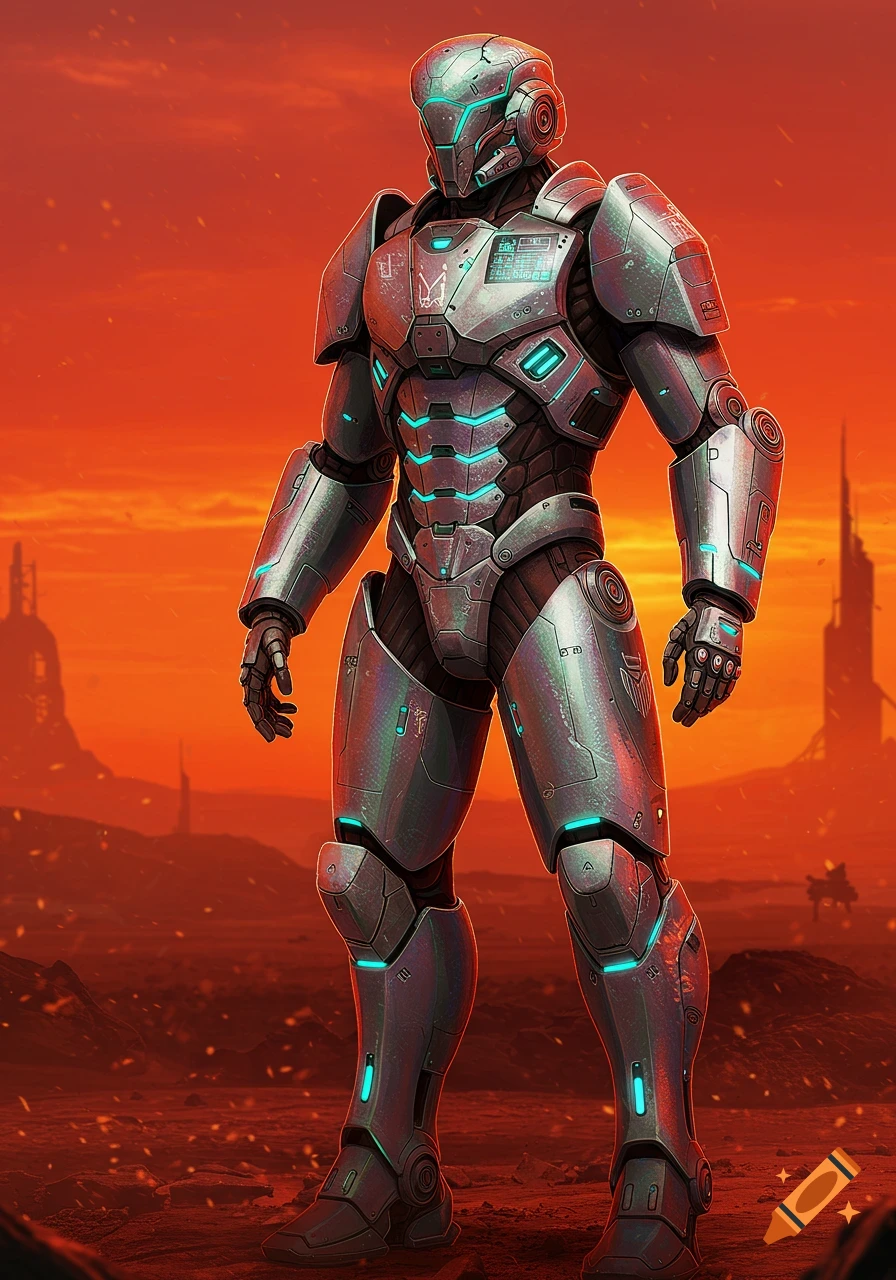 A futuristic combat suit, metallic silver with glowing blue accents, stands on a desolate red planet under an orange sky with distant structures.