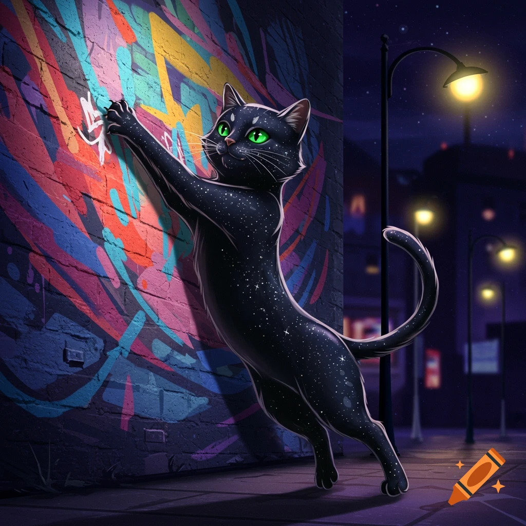 A black cat with green eyes and a starry coat stretches against a vibrant graffiti-covered brick wall at night, under a streetlamp.