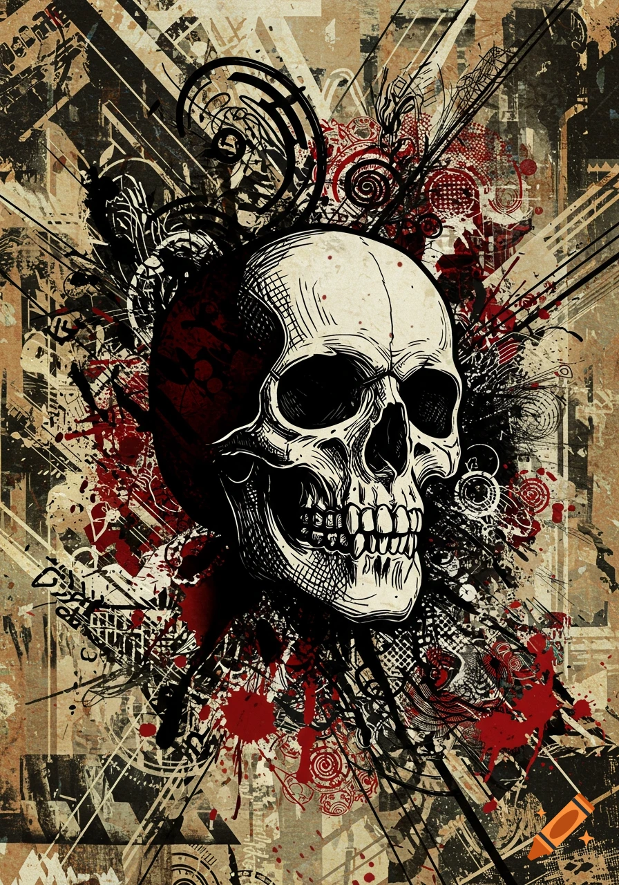 Trash polka style illustration of a skull with black eye sockets, red splatters, and black geometric and abstract shapes on a distressed beige and brown background.