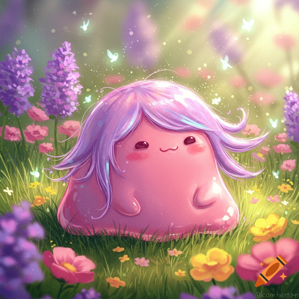 A cute pink blob creature with purple hair sits in a vibrant field of colorful flowers under a magical, sparkling sky.