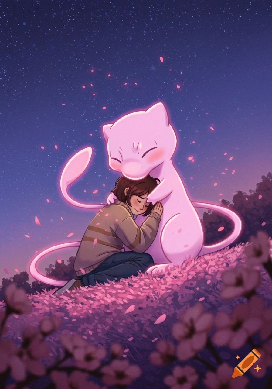 A human and pink Pokémon Mew hug among glowing pink flowers under a starry night sky in an anime style.