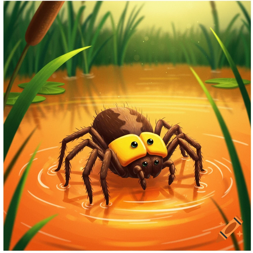 A cute, brown, cartoon spider with large yellow eyes stands in a shallow orange pond surrounded by green marsh reeds and lily pads.