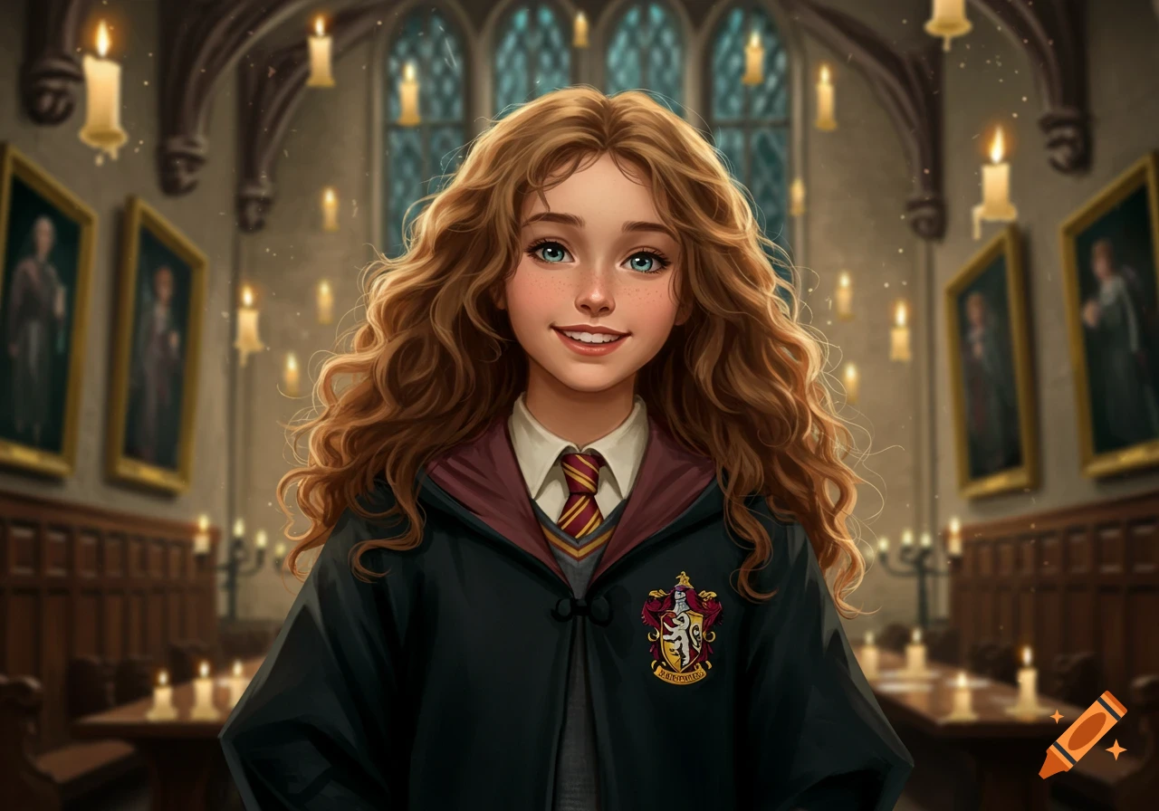 A smiling girl with long curly brown hair wears black Gryffindor robes in a candlelit Hogwarts-like hall. Digital art style.