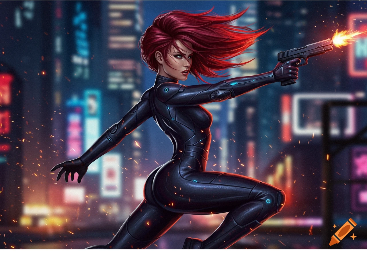 A red-haired woman in a black sci-fi suit shoots a gun in a dynamic pose against a neon city background, comic art style.