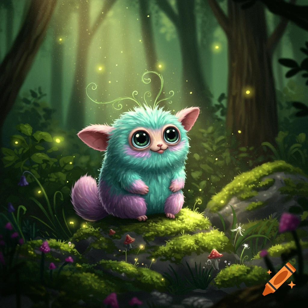 A cute, fluffy teal and purple creature with big green eyes sits on a mossy rock in a glowing, fantastical forest.