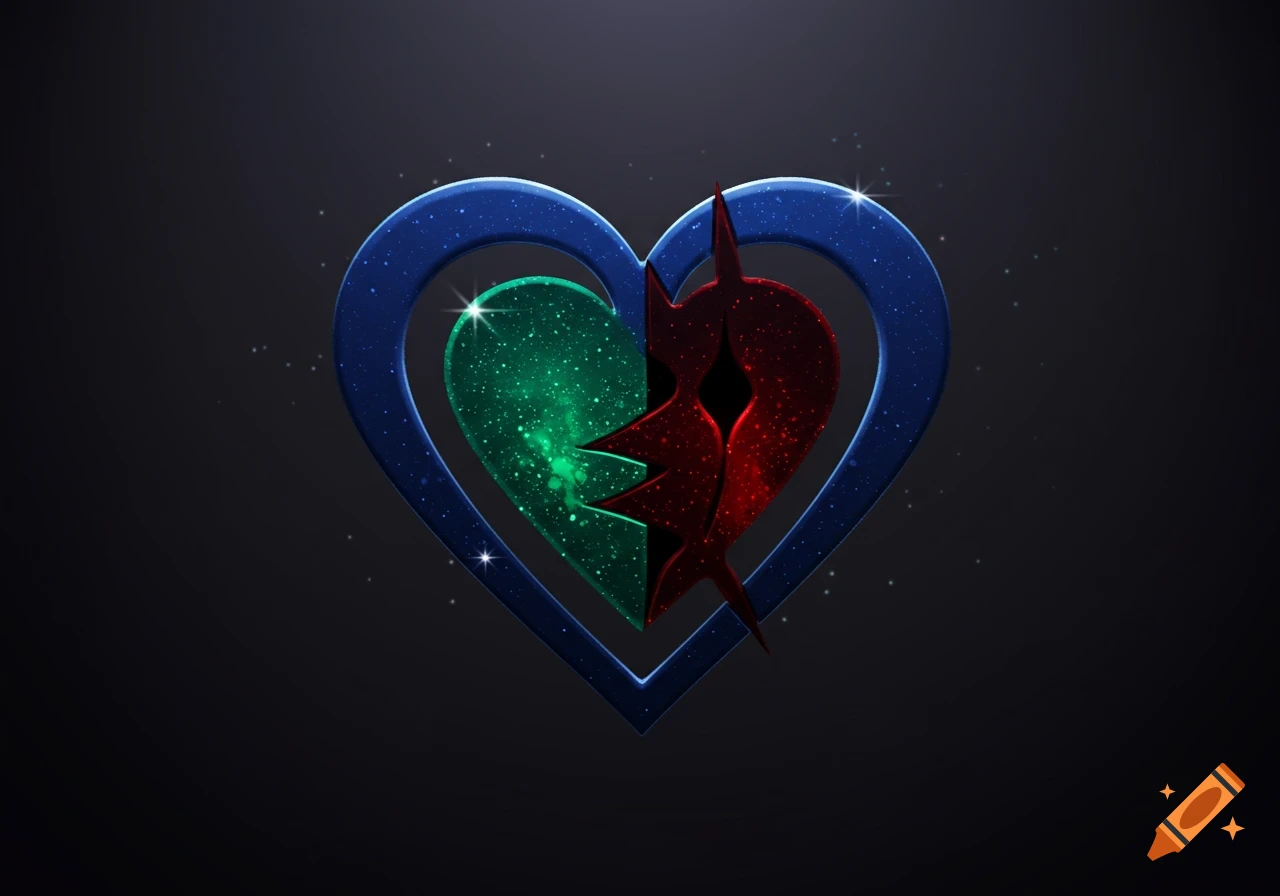 A shimmering blue heart outline with a split emerald green and crimson red inner heart, crossed by a barbed X, on a dark gradient background.