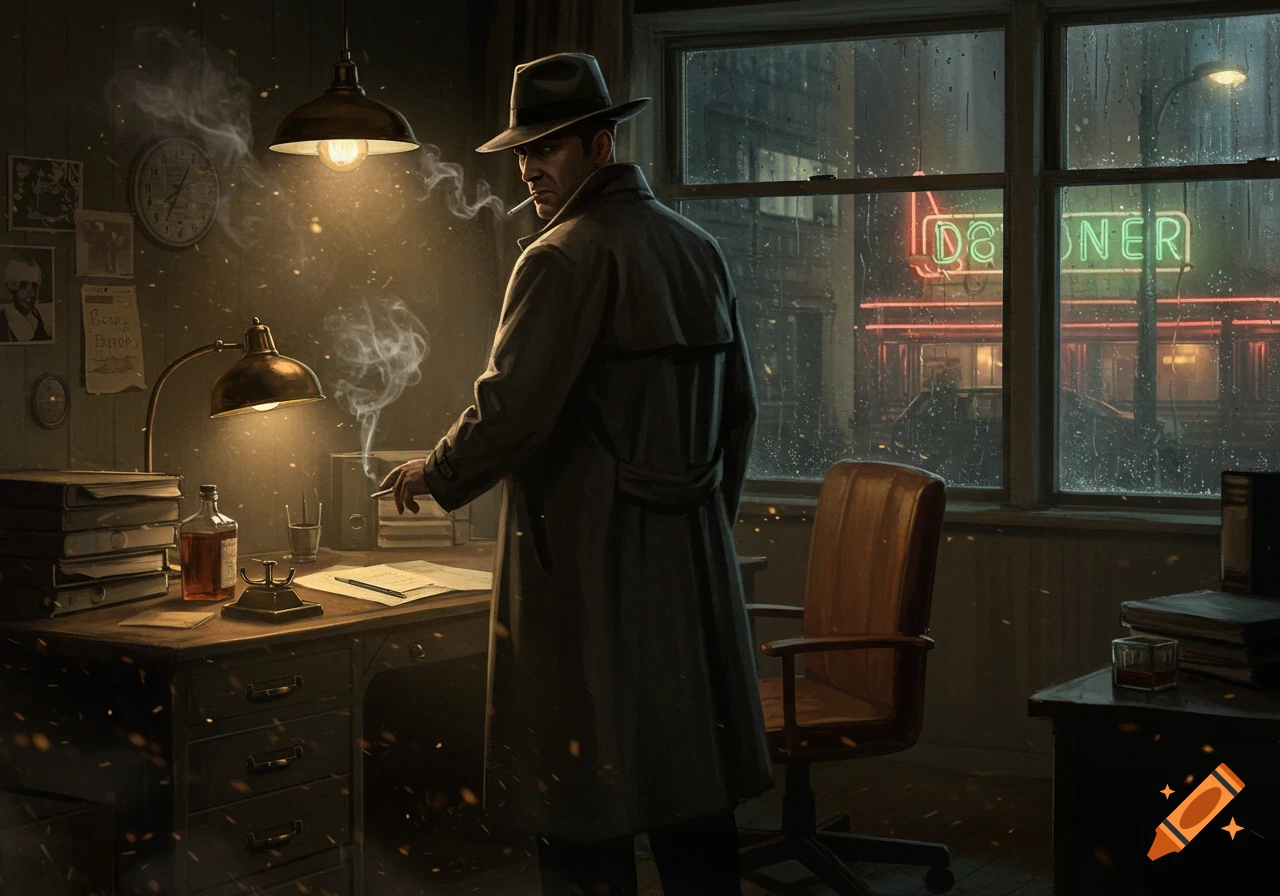 A man in a trench coat and fedora, a private detective, stands in a dimly lit office, smoking a cigarette while looking out a rainy window at a neon-lit city street.